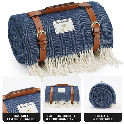 Waterproof Picnic Blankets- 80 * 60 Extra Large Outdoor Blanket Foldable, Beach Blanket with PU Handles, Sandproof Picnic Mat for Hiking, Camping, Lawn, Park, Grass. Blue