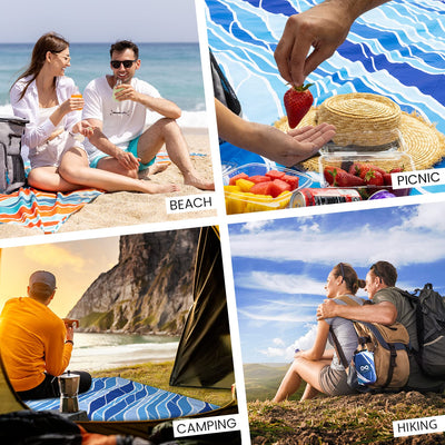Everlasting Comfort Beach Blanket Waterproof Sandproof - Large Oversized Sand Free Beach Mat Fits Up to 10 People w/Stakes, Storage Bag - Essentials for Beach, Picnic, Concert