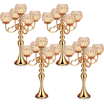 Tioncy 4 Pcs 5 Arm Gold Crystal Candle Holders 21.5 Inch Tall Gold Candelabra Centerpiece with Crystal Candle Holder Bowl for Wedding Home Anniversary Dinner Party Table Decoration (Gold)