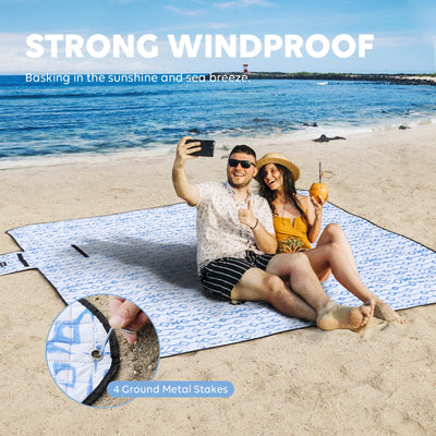 ZAZE Beach Blanket Picnic Blankets Waterproof Sandproof with Stakes, Thick 3-Layer 80 * 80 Oversized Mat, Extra Large Big Machine Washable, Foldable Accessories Outdoor Camping Park Gift(Blue White)