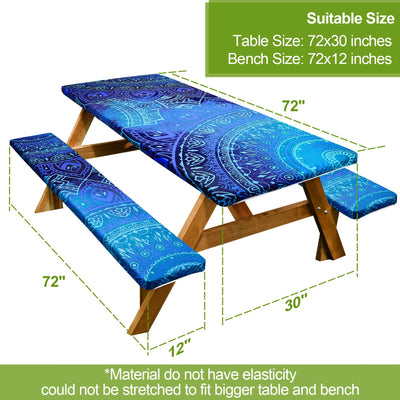 Picnic Table Cover with Bench Covers 6FT 3 Pcs Waterproof Windproof Aesthetic Camping Tablecloth with Drawstring Bag, Fitted for 6 Foot Rectangle Tables and Seats, Dark Blue Green
