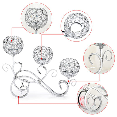 OwnMy 3 Arms Crystal Bowl Tealight Holder Candelabra Candle Holders, Crystal Votive Candle Stand Ornament Tea Light Candlestick Candle Centerpieces for Dining Table Home Decoration Wedding (Silver)