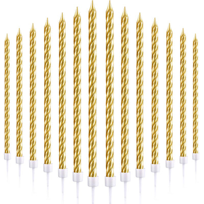 30 Pieces Birthday Candles Spiral Cake Candles Metallic Cupcake Candles Long Thin Cake Candles in Holders for Birthday Wedding Party Cake Decorations (Gold)