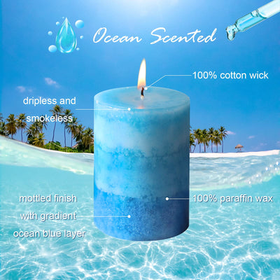 Petristrike Strong Ocean Scented Pillar Candles, 50+ Hrs Long Burning Candles，3 Pack Blue Candles for Home Scented (3x4'')