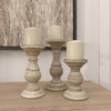 Deco 79 Mango Wood Turned Style Pillar Candle Holder with Distressed Finish, Set of 3, 6", 8", 10"H, Cream