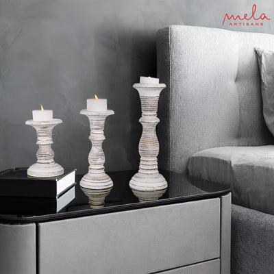 “Jharana II” Candle Holders for Pillar Candles (Distressed White, Set of 3) - Mangowood Candle Stand - Farmhouse Wooden Candle Holders Pillar - Candle Holder Decor for Table Centerpiece - 6”, 9”, 12”