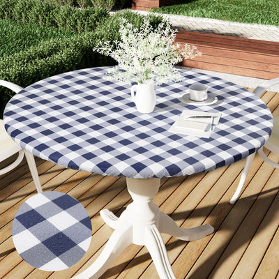 smiry Round Picnic Table Cloth, Elastic Waterproof Fitted Vinyl Tablecloth for 36"-44" Tables, Flannel Backed Buffalo Plaid Table Covers for Dining, Camping, Outdoor, White and Navy