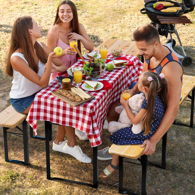 VINGLI Folding Picnic Tables with Benches Set, Weather-Resistant Wooden Beer Garden Table Bench, 3-Piece Portable Fold Up Camping BBQ Table w/Carrying Handles