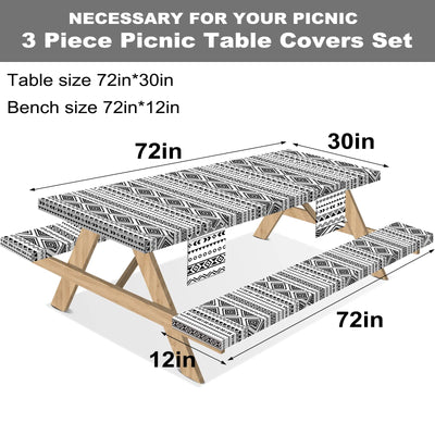 Sotue Picnic Table Cover with Bench Covers 3 Piece Set Elastic Fitted Rectangle Tablecloths Camp Tables Seat Cloth Polyester Oilcloth Vinyl Clothes for Outdoor Waterproof Camping 72x30 Inches Boho