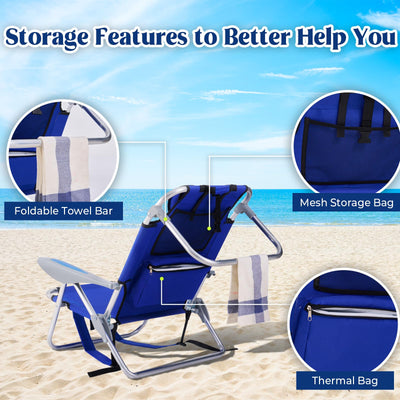 Canpsky Portable Camping Beach Chair for Adults Backpack Folding Beach Chair with 4 Positions for Sand Party Lightweight Lay Flat Beach Chairs with Headrest, Cooler Pouch, Cup Holder, New Blue