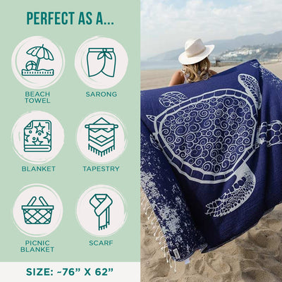 76” x 62” Large Sand Free Turkish Beach Towel, 100% Organic Turkish Cotton Yarn, Quick Dry Towel for Beach, Picnic, Blanket or Bath,Navy Blue Color, Turtle