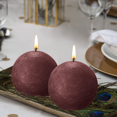 BOLSIUS 3 Pack Velvet Red Rustic Ball Pillar Candles - 3 Inch - Premium European Quality - Includes Natural Plant-Based Wax - Unscented Dripless Smokeless 25 Hour Party Décor and Wedding Candles