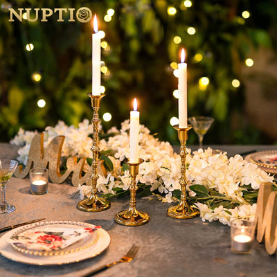 Nuptio Gold Candle Holders Taper Candlestick Holders Tall Thin Candle Sticks Candleholders Modern Metal Candle Holder for Wedding Gift Housewarming Gift Friendship Gifts Set of 3