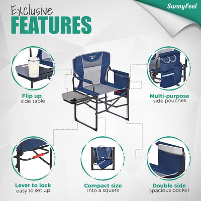 SUNNYFEEL Oversized Camping Directors Chair 2 Pack, Portable Folding Lawn Chairs for Adults Heavy Duty with Side Table,Pocket for Beach, Fishing,Picnic,Concert Outdoor, Foldable Camp Chairs
