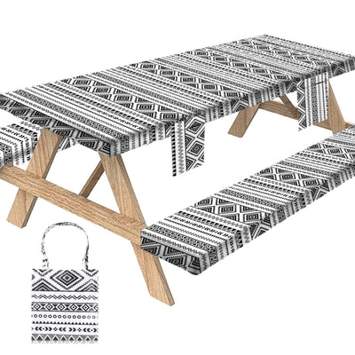 Sotue Picnic Table Cover with Bench Covers 3 Piece Set Elastic Fitted Rectangle Tablecloths Camp Tables Seat Cloth Polyester Oilcloth Vinyl Clothes for Outdoor Waterproof Camping 72x30 Inches Boho