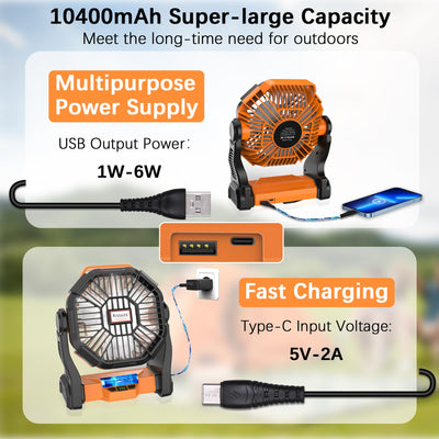 Portable Camping Fan with LED Lantern - 10400mAh Rechargeable Battery Powered Fan, 270°Pivot Personal USB Desk Fan, 4 Speed Quiet Table Fan, 9’’ Battery Operated Tent Fan for Travel, Picnic (Orange)