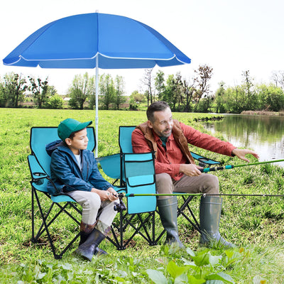 COSTWAY Double Portable Picnic, Folding w/Detachable Umbrella, Cooler Bag, Cup Holders, Patio Beach Chairs for Outdoors Camping Furniture, Turquoise