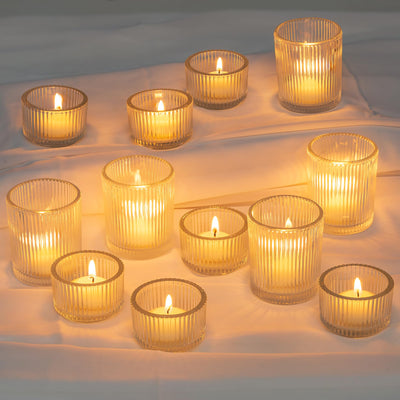 Glass Votive Tealight Candle Holder: Glasseam Small Clear Tea Light Holders Bulk Set of 24 Decorative Ribbed Tea Lights Holder for Table Centerpiece Wedding Christmas Dining Room Decor