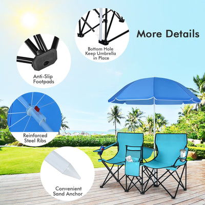 COSTWAY Double Portable Picnic, Folding w/Detachable Umbrella, Cooler Bag, Cup Holders, Patio Beach Chairs for Outdoors Camping Furniture, Turquoise