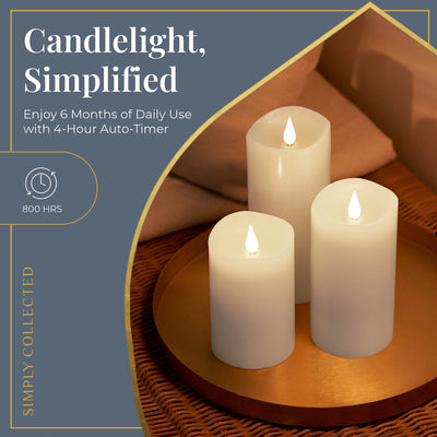 Simply Collected Flickering Flameless Candles Battery Operated with Timer, 800+ Hours Realistic 3D Moving Flame, Battery Candles, Electric LED Candle, Real Wax Pillar, Unscented | White - 3x6 Inches