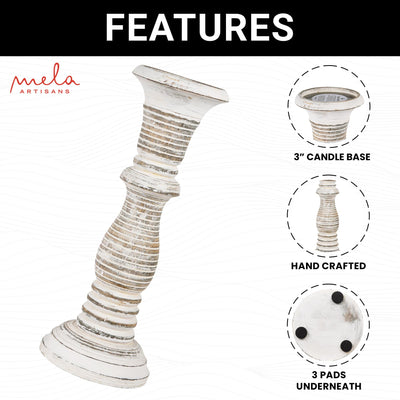 “Jharana II” Candle Holders for Pillar Candles (Distressed White, Set of 3) - Mangowood Candle Stand - Farmhouse Wooden Candle Holders Pillar - Candle Holder Decor for Table Centerpiece - 6”, 9”, 12”