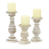 Deco 79 Mango Wood Turned Style Pillar Candle Holder with Distressed Finish, Set of 3, 6", 8", 10"H, Cream