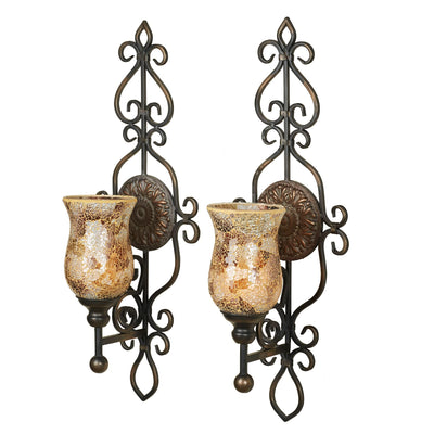 Touch of Class Leyanna Mosaic Wall Sconce Pair - Aged Brown, Victorian Style, Made of Metal, Glass - Antique Sconces, Medallion Designs - Set of 2, Ornate Candle Holder
