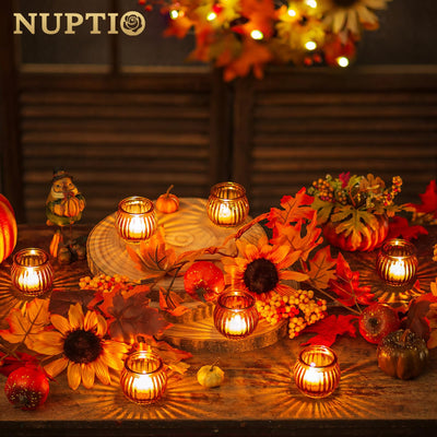 NUPTIO Gold Votive Candle Holders: 12 Pcs Mercury Glass Ribbed Tealight Holder in Pumpkin Shape Metallic Tea Light Votives Candleholders for Christmas Halloween Thanksgiving Easter Holiday Decor