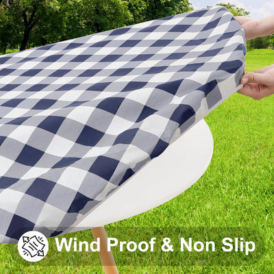 smiry Round Picnic Table Cloth, Elastic Waterproof Fitted Vinyl Tablecloth for 36"-44" Tables, Flannel Backed Buffalo Plaid Table Covers for Dining, Camping, Outdoor, White and Navy