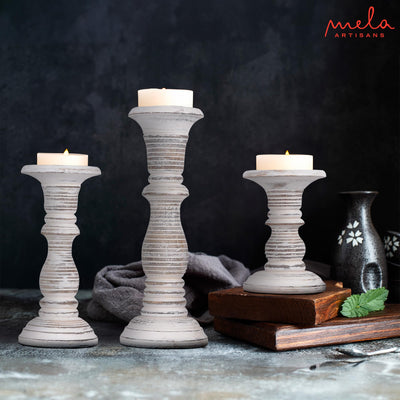 “Jharana II” Candle Holders for Pillar Candles (Distressed White, Set of 3) - Mangowood Candle Stand - Farmhouse Wooden Candle Holders Pillar - Candle Holder Decor for Table Centerpiece - 6”, 9”, 12”