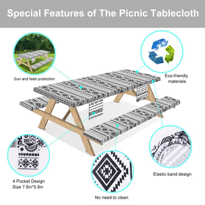 Sotue Picnic Table Cover with Bench Covers 3 Piece Set Elastic Fitted Rectangle Tablecloths Camp Tables Seat Cloth Polyester Oilcloth Vinyl Clothes for Outdoor Waterproof Camping 72x30 Inches Boho