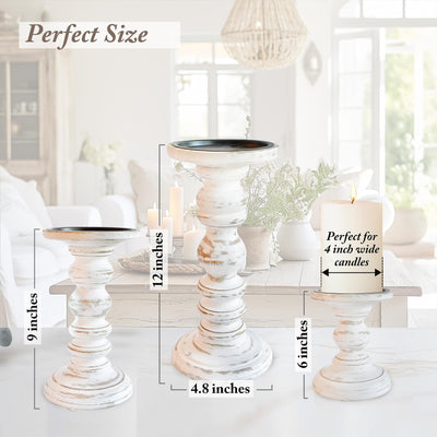 Wood Candle Holders for Pillar Candles (Set of 3) Tall Large Rustic Pillar Candlestick Stands - Fits Both 4 inch and 3 inch Wide Pillar Candles - Modern Farmhouse Decor (Antique White)