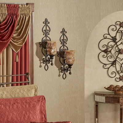 Touch of Class Leyanna Mosaic Wall Sconce Pair - Aged Brown, Victorian Style, Made of Metal, Glass - Antique Sconces, Medallion Designs - Set of 2, Ornate Candle Holder