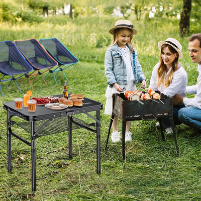 Anbte Folding Camping Table with Storage Net, Pure Black Aluminum 2ft Picnic Table 24" x 16" Outdoor Table Adjustable Height Max 26.5 inch, Lightweight, Waterproof, Portable Handle for Travel Cooking