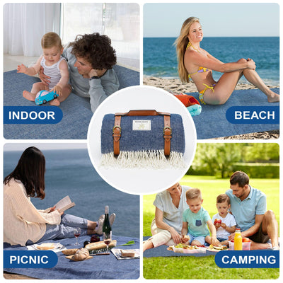 Waterproof Picnic Blankets- 80 * 60 Extra Large Outdoor Blanket Foldable, Beach Blanket with PU Handles, Sandproof Picnic Mat for Hiking, Camping, Lawn, Park, Grass. Blue