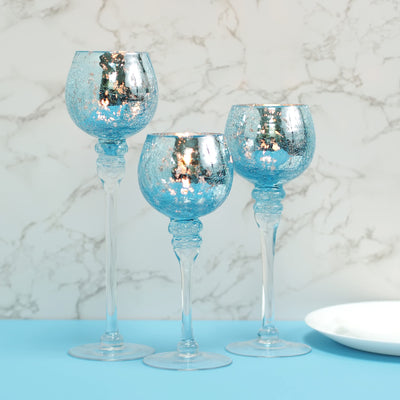 Hosley® Elevate Ambiance with Set of 3 Crackle Blue Glass Tealight Holders 12 Inch, 10 Inch, 9 Inch Stylish Home Decor for Unique Candle Displays