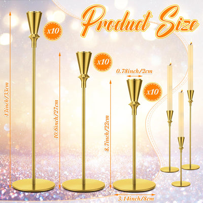Tioncy 30 Pcs Gold Candlestick Holder Gold Taper Candle Holder Bulks Metal Candle Stick Holder for Christmas Wedding Party Anniversary Table Centerpiece Fit 0.75 Inch Thick Candle, 8.7'', 10.6'', 13''