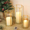 Glass Hurricane Candle Holder, Set of 3 Large Clear Hexagon Lanterns Pillar Candle Lantern with Gold Metal Frame Wedding Centerpiece Table Decor Home Decorations