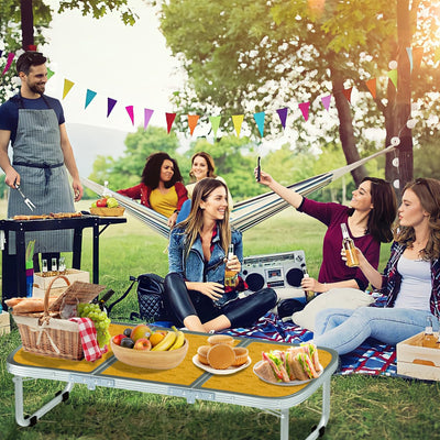 AO LI GEI Folding Camping Table Small with Storage Bag,Adjustable Height Portable Picnic Table,Upgraded Thickening Lightweight Outdoor Table Aluminum Legs (Brown:15.7"x35.4", Height:10.6")