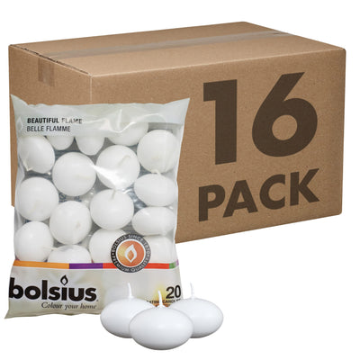 BOLSIUS White Floating Candles - Bulk Case of 16 Packs = Total 320 Candles - 5 Hours - Premium European Quality - Consistent Smokeless Flame