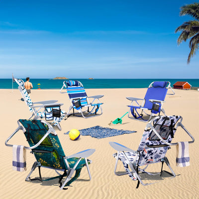 Canpsky Portable Camping Beach Chair for Adults Backpack Folding Beach Chair with 4 Positions for Sand Party Lightweight Lay Flat Beach Chairs with Headrest, Cooler Pouch, Cup Holder, New Blue