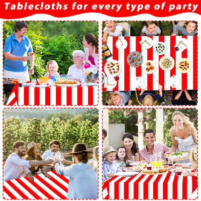Red and White Striped Tablecloth Roll 52 in x 100 Ft with Slide Cutter Circus Carnival Party Supplies Plastic Picnic Party Table Cover for Indoor Outdoor Events Family Banquet Parties and Celebrations