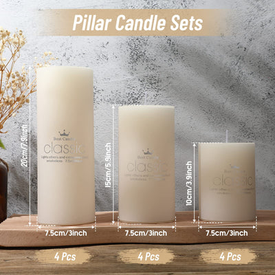 Set of 12 Poured Pillar Candle 3"x 4", 6", 8" Dripless Unscented Candles Long Clean Burning Rustic Country Style Ideal for Wedding, Home Decor, Relaxation and Other Occasions (Ivory White)