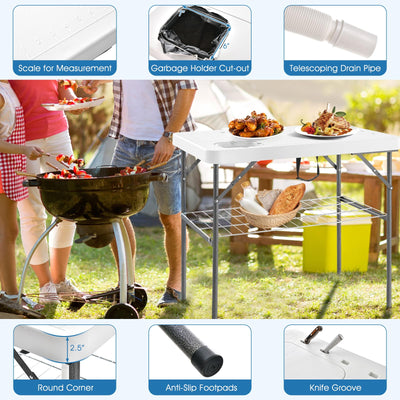Goplus 40'' Folding Fish Cleaning Table with Dual Water Basins, Faucet Drainage Hose & Sprayer, Portable Camping Sink Table, Outdoor Fish Fillet Cleaning Station with Grid Rack for Picnic