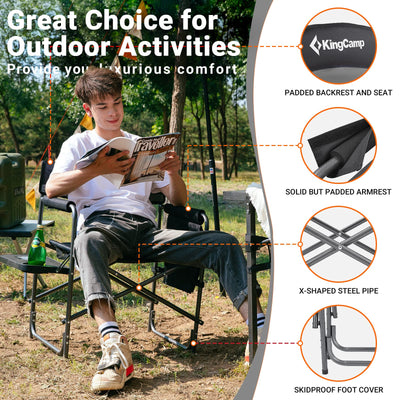 KingCamp Padded Outdoor Director Chair with Side Table, Integrated Cupholder, and Pockets for Camping, Sporting Events, or Picnics, Grey (2-Pack)