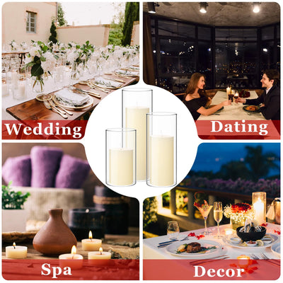 Shihanee Set of 3 White Pillar Candles and 3 Glass Cylinder Candle Holders for Slim Candles Wedding Valentine's Day Centerpieces(Ivory White, 2.6'' X 4.7'', 5.9'', 7.9'')