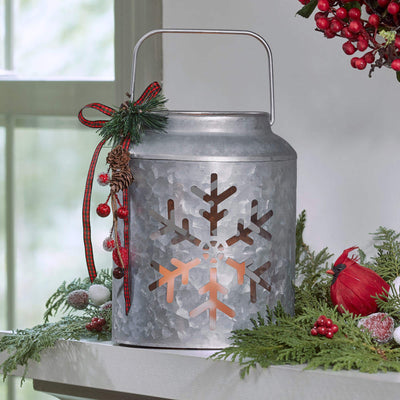 Mark Feldstein & Associates Snowflake Silver Tone 7 x 5 Galvanized Iron Holiday LED Pillar Candle Lantern
