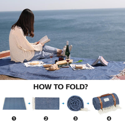 Waterproof Picnic Blankets- 80 * 60 Extra Large Outdoor Blanket Foldable, Beach Blanket with PU Handles, Sandproof Picnic Mat for Hiking, Camping, Lawn, Park, Grass. Blue