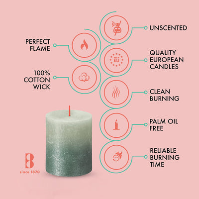 BOLSIUS 4 Pack Foggy Green/Oxid Blue Sunset Rustic Metallic Pillar Candles - 2.75 X 3.25 Inches - Includes Natural Plant-Based Wax - Unscented Dripless Smokeless 35 Hour Quality European Candles