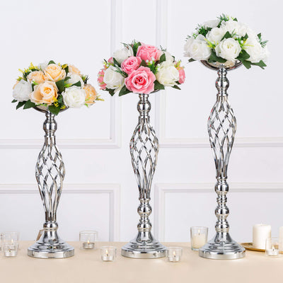 Set of 2 Versatile Silver Flower Arrangement Stand & Pillar Candle Holder Set for Wedding Party Dinner Centerpiece Event Restaurant Hotel Decoration (Silver Twist Style, 2 x L)